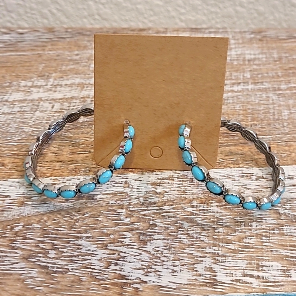 Turquoise Western Hoop Earrings Silver - Picture 2 of 4